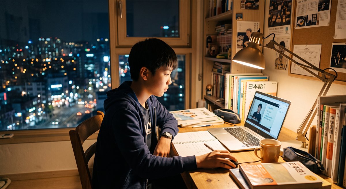 ソウルの自宅リビングでノートパソコンのオンライン日本語レッスンに参加する中学生