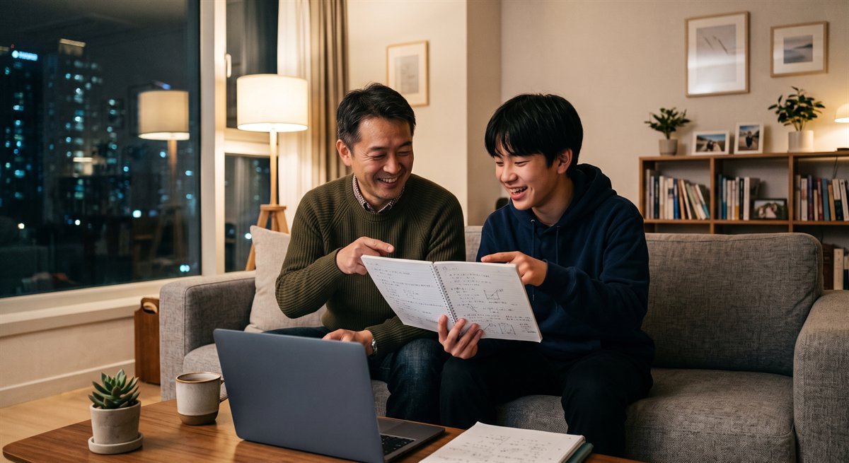 オンラインレッスンのあとにノートを見せて保護者と笑い合う韓国在住の子ども