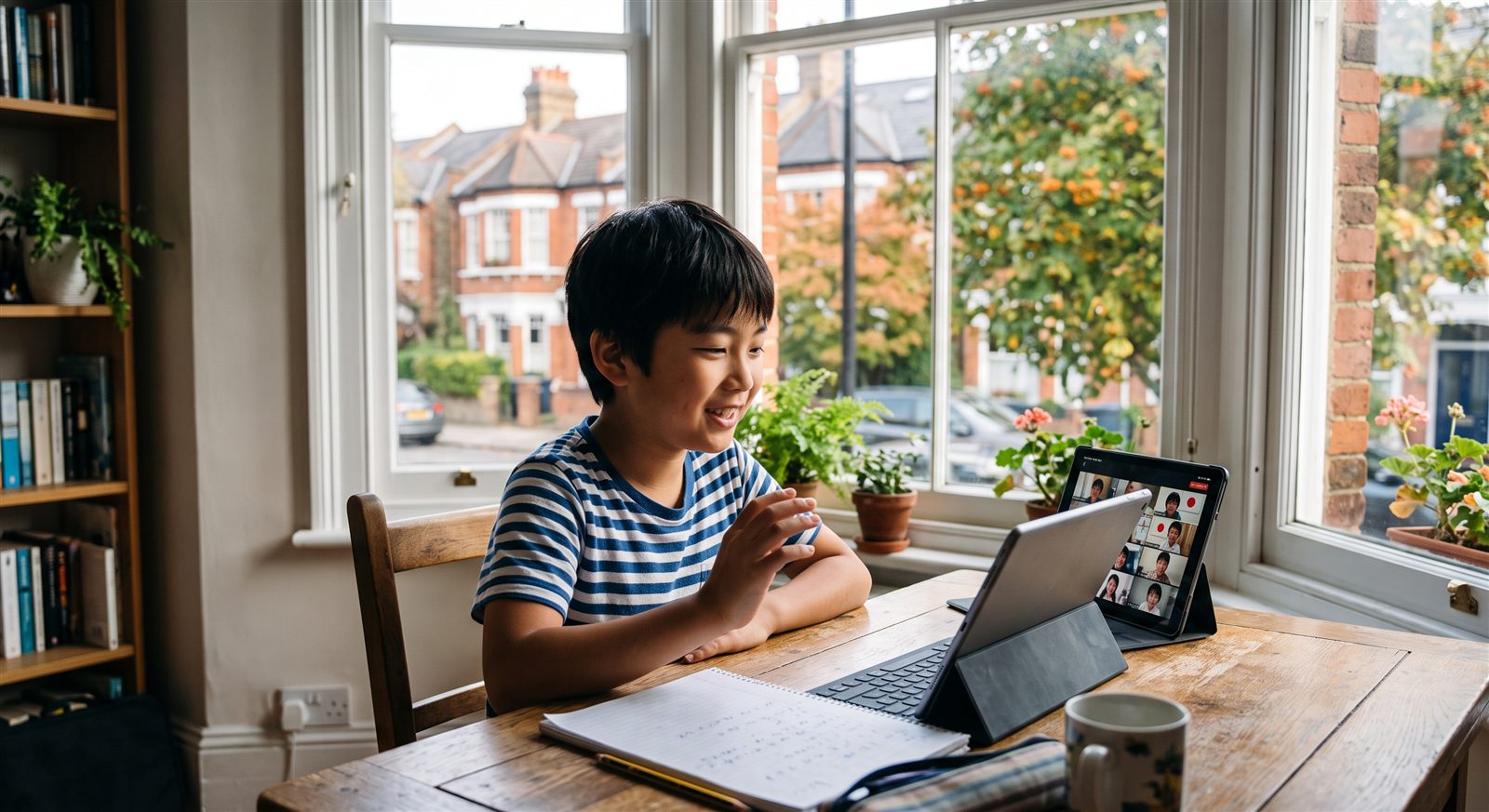 ロンドンの出窓のある明るい部屋で、午前中にタブレットのオンライン日本語グループレッスンに参加して笑う小学生