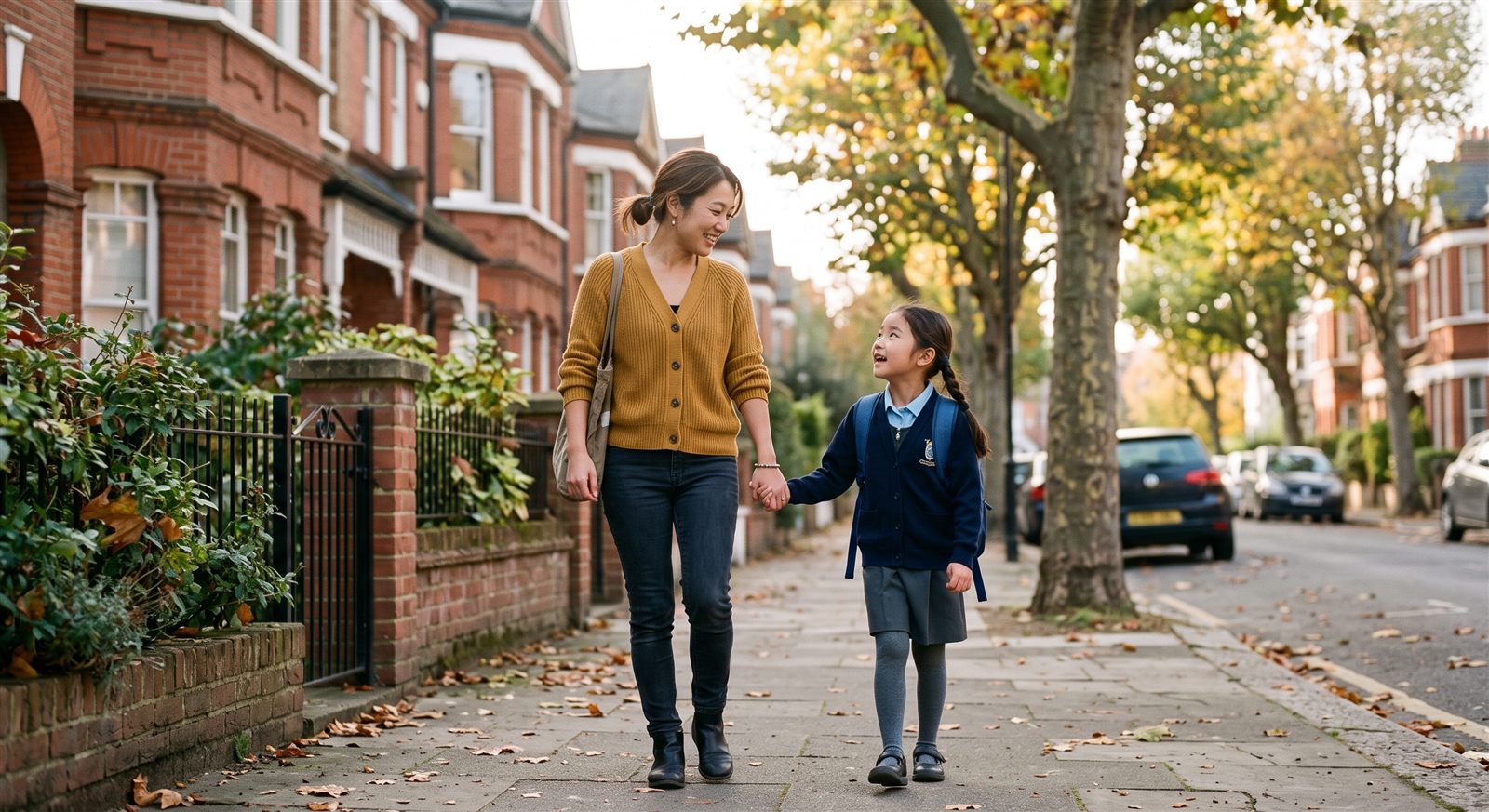 ロンドン北部の住宅街の歩道を、通学かばんを背負った小学生と手をつないで歩く保護者