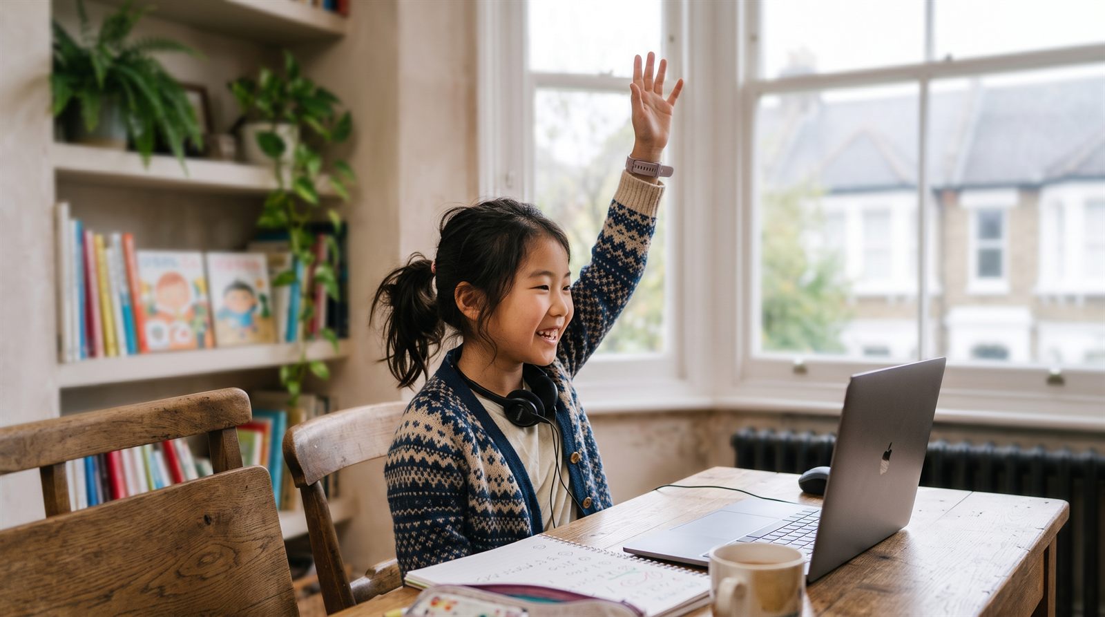 ロンドンの自宅リビングでノートパソコンのオンライン日本語グループレッスンに参加して手を挙げる小学生