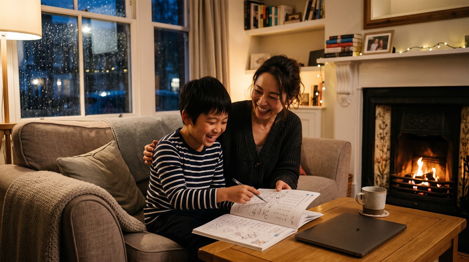 オンラインレッスンのあとに笑顔で話す子どもとそばで見守る保護者