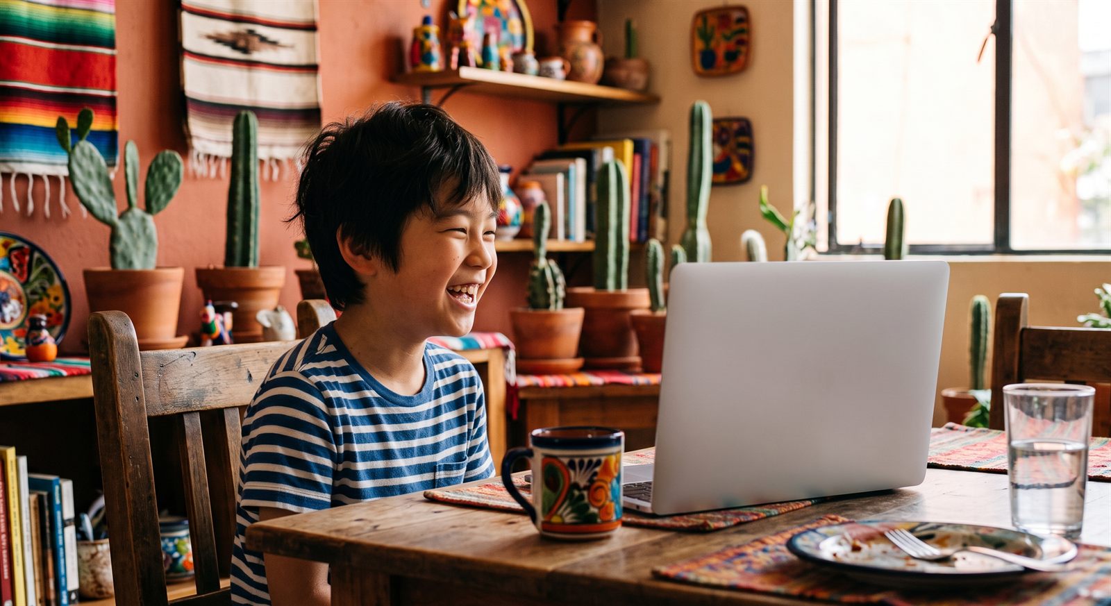 メキシコシティの自宅リビングでノートパソコンのオンライン日本語グループレッスンに参加して笑う小学生