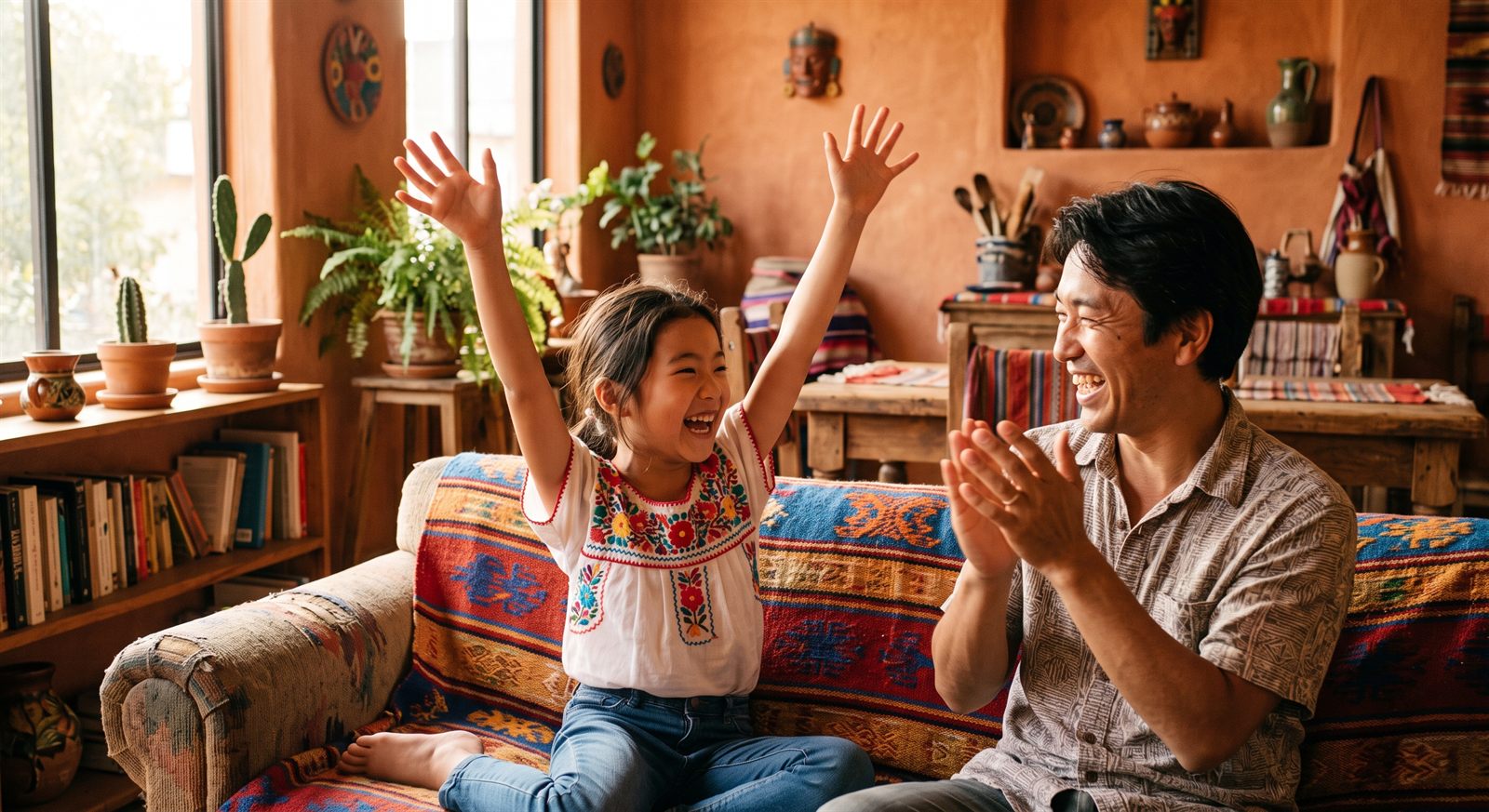 レッスンのあとに喜ぶ子どもとそばで拍手する保護者
