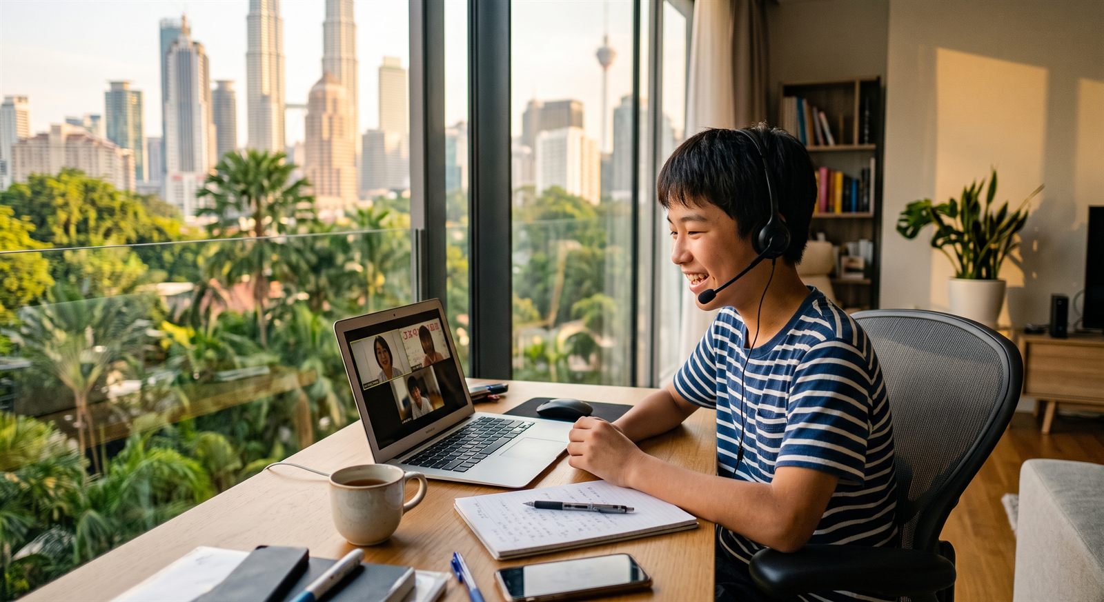 クアラルンプールのコンドミニアムの明るい部屋で、ノートパソコンのオンライン日本語グループレッスンに笑顔で参加する中学生