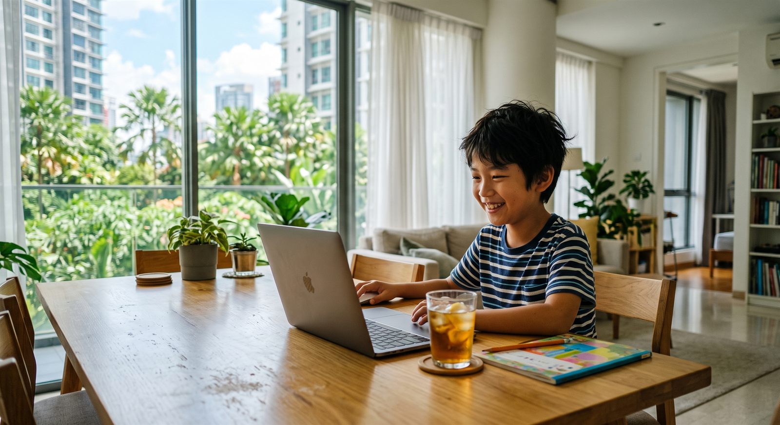 クアラルンプールの高層コンドミニアムのダイニングで、夏休みの午前にノートパソコンのオンライン日本語グループレッスンに参加して笑う小学生