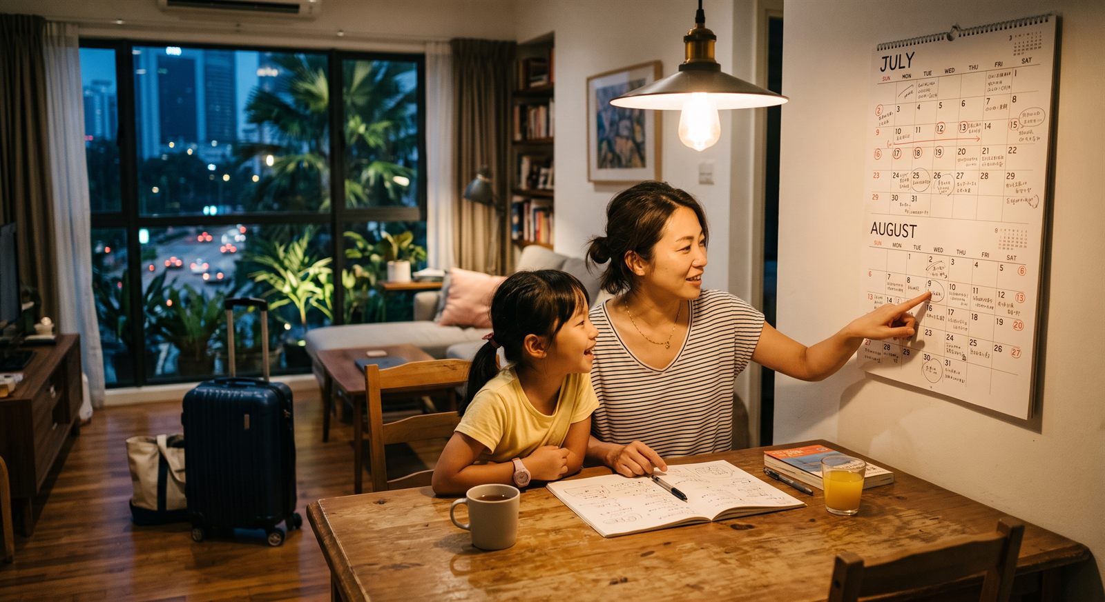 クアラルンプールの自宅で、夜に壁のカレンダーを指しながら一時帰国の予定を子どもと相談する保護者とスーツケース