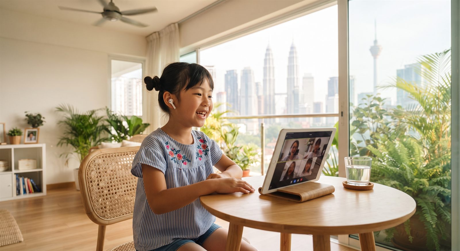 クアラルンプールのコンドミニアムでタブレットのオンライン日本語グループレッスンに参加して笑う小学生