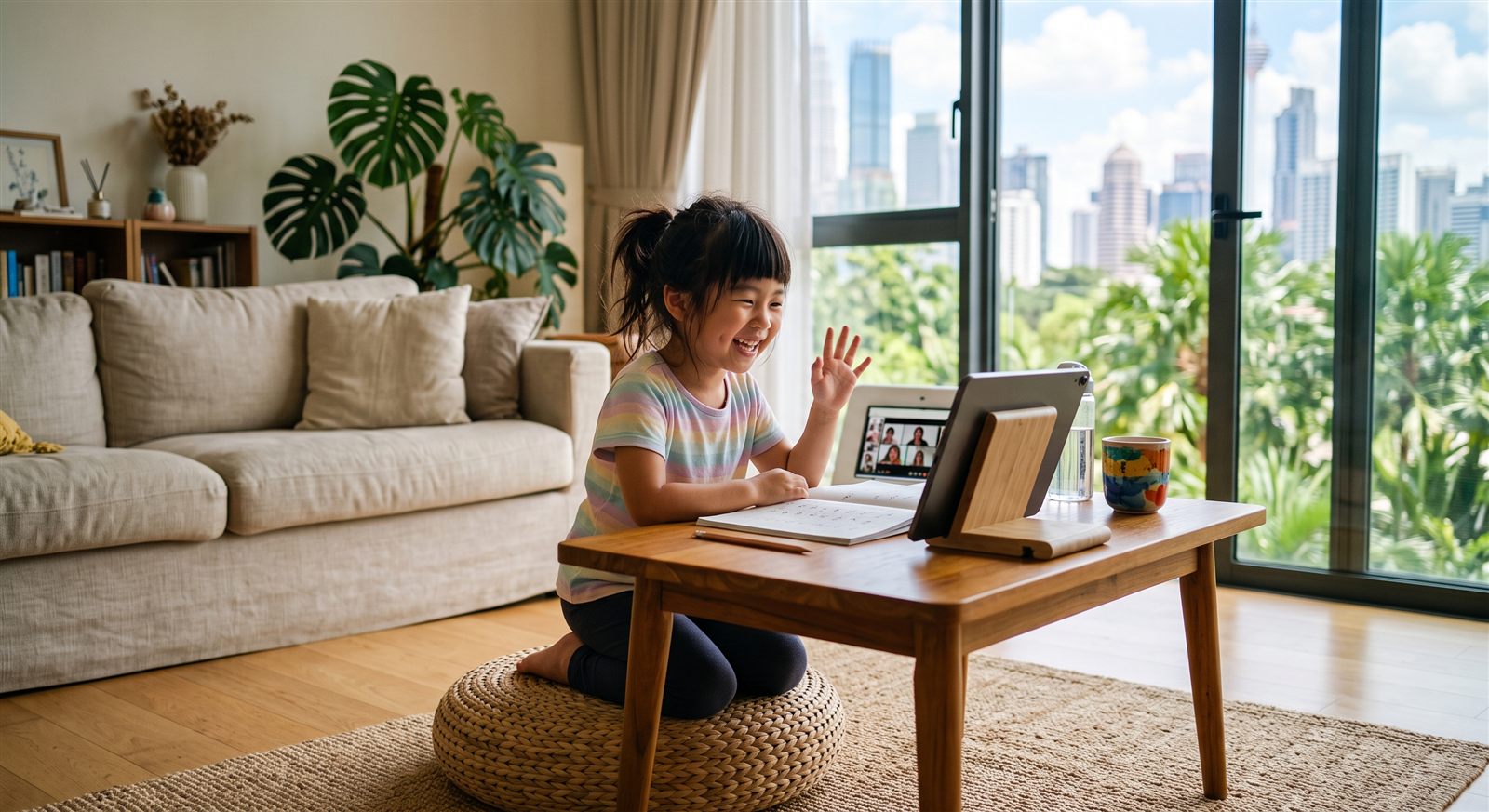 クアラルンプールのマンションの明るいリビングで、タブレットのオンライン日本語グループレッスンに手を振って参加する5歳の子ども