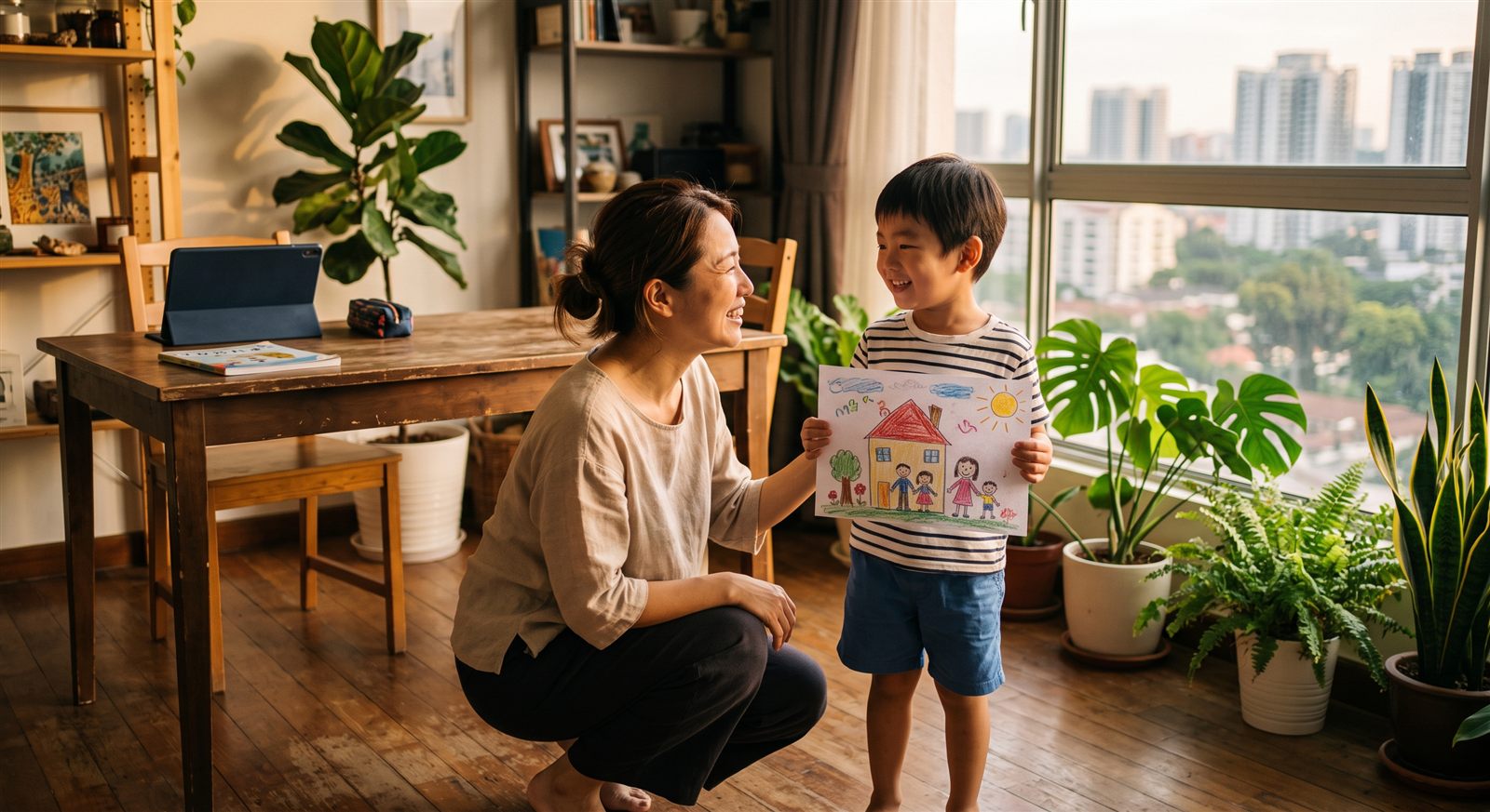 クアラルンプールの自宅ダイニングで、オンライン日本語レッスンのあとに描いた絵を見せる子どもと、目線を合わせて微笑む保護者