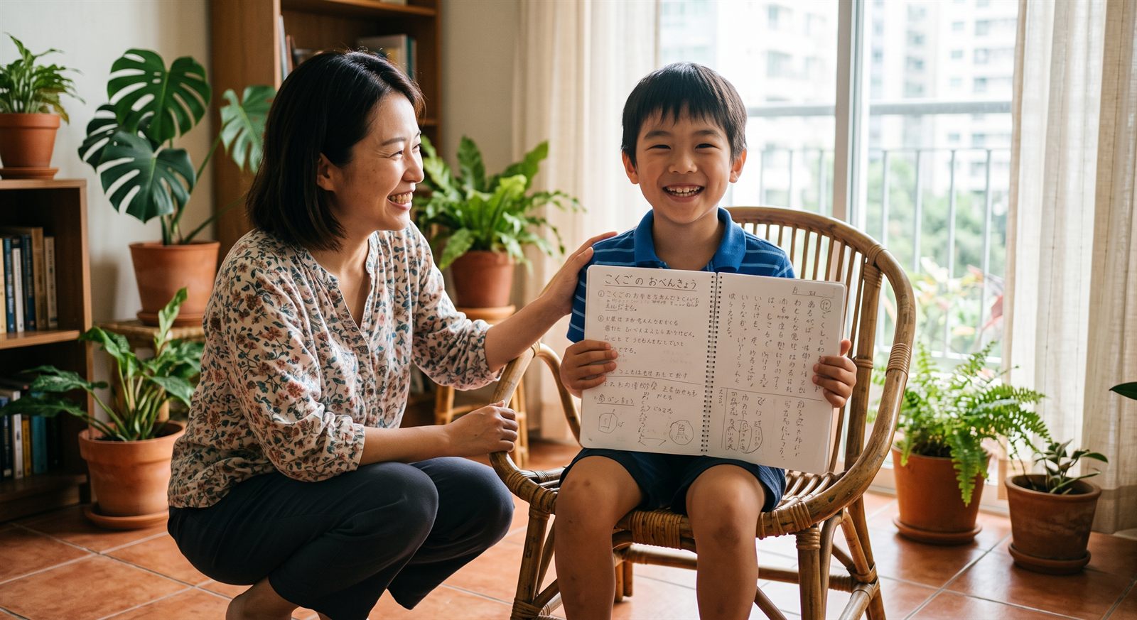 レッスンのあとに喜ぶ子どもとそばで微笑む保護者