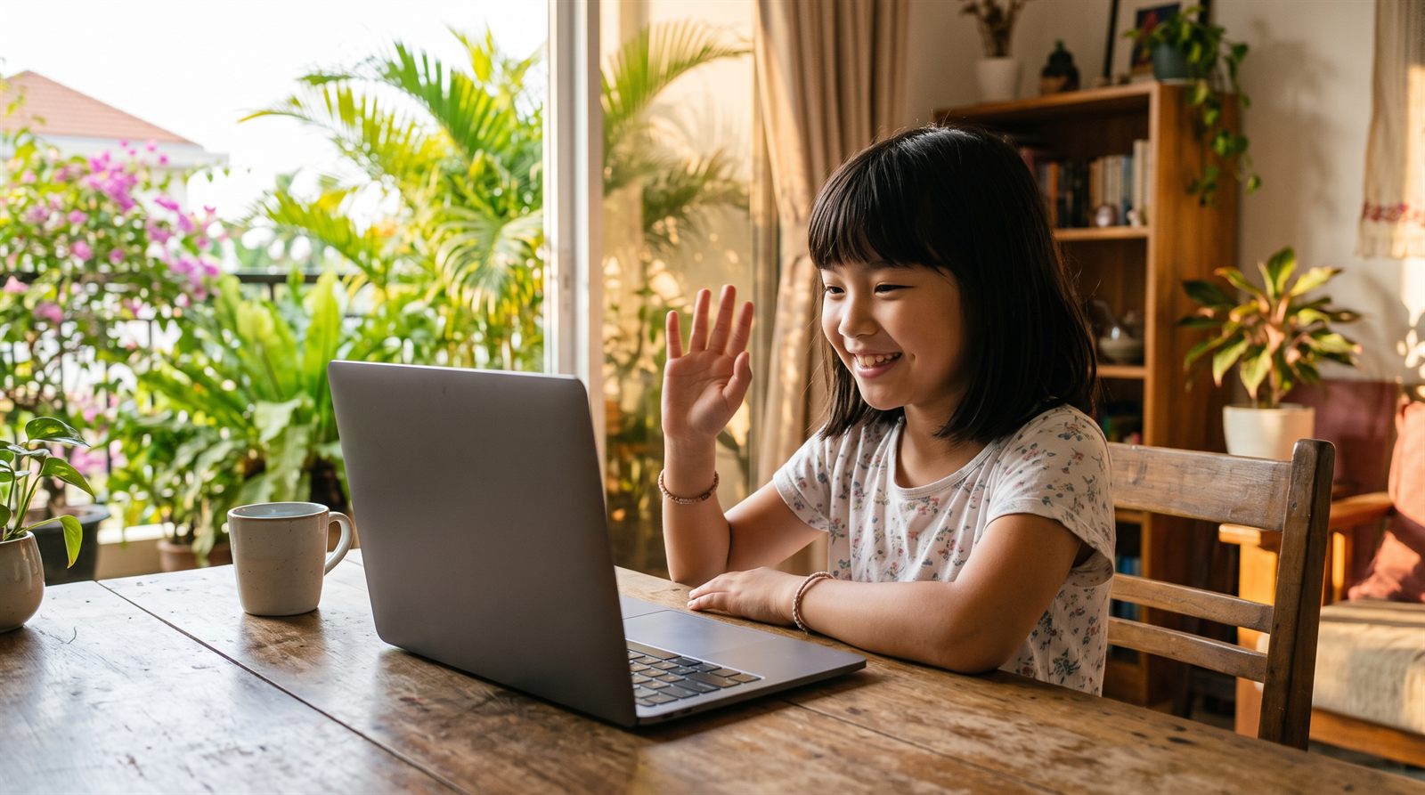 プノンペンの自宅リビングでノートパソコンのオンライン日本語グループレッスンに参加して笑う小学生