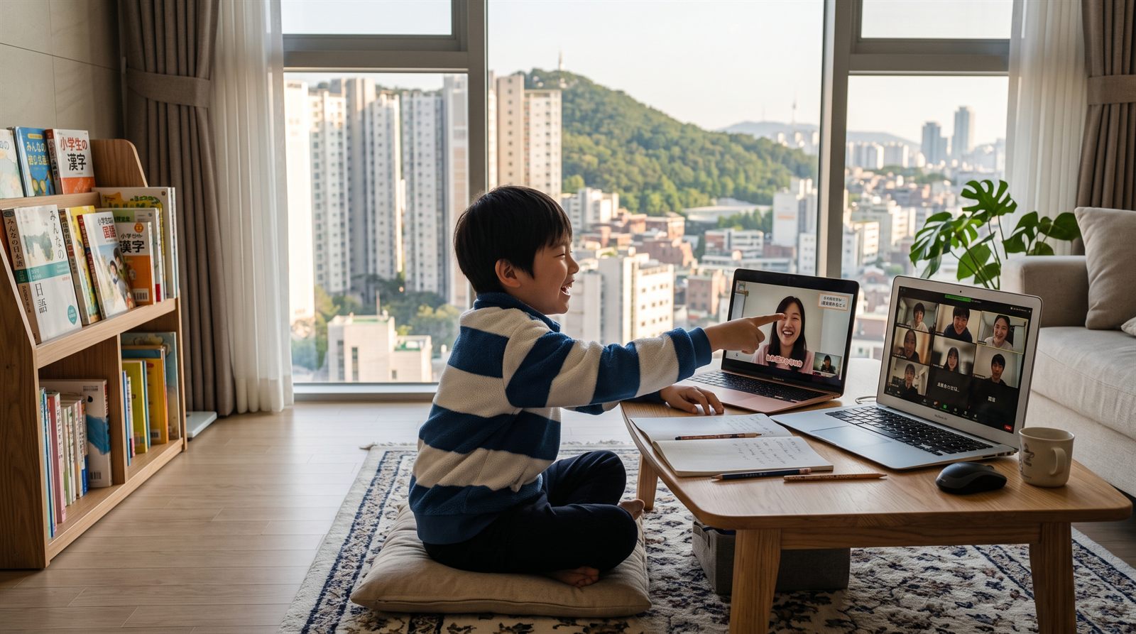ソウルの自宅リビングでノートパソコンのオンライン日本語グループレッスンに参加して笑う小学生