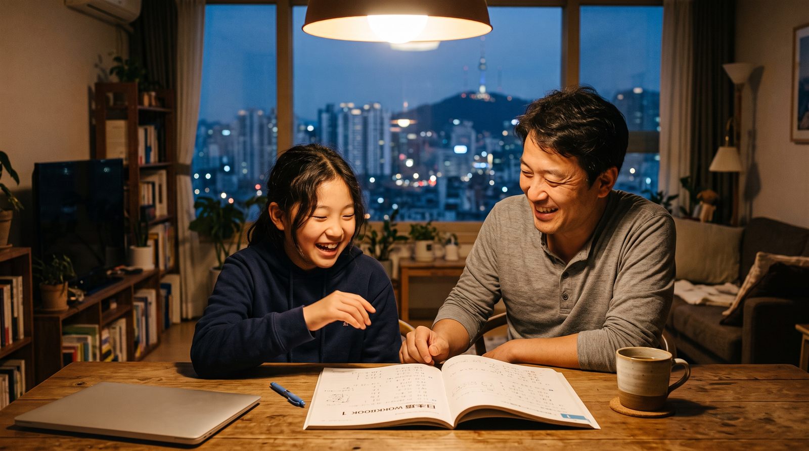 オンラインレッスンのあとにダイニングテーブルで笑顔で話す子どもと保護者