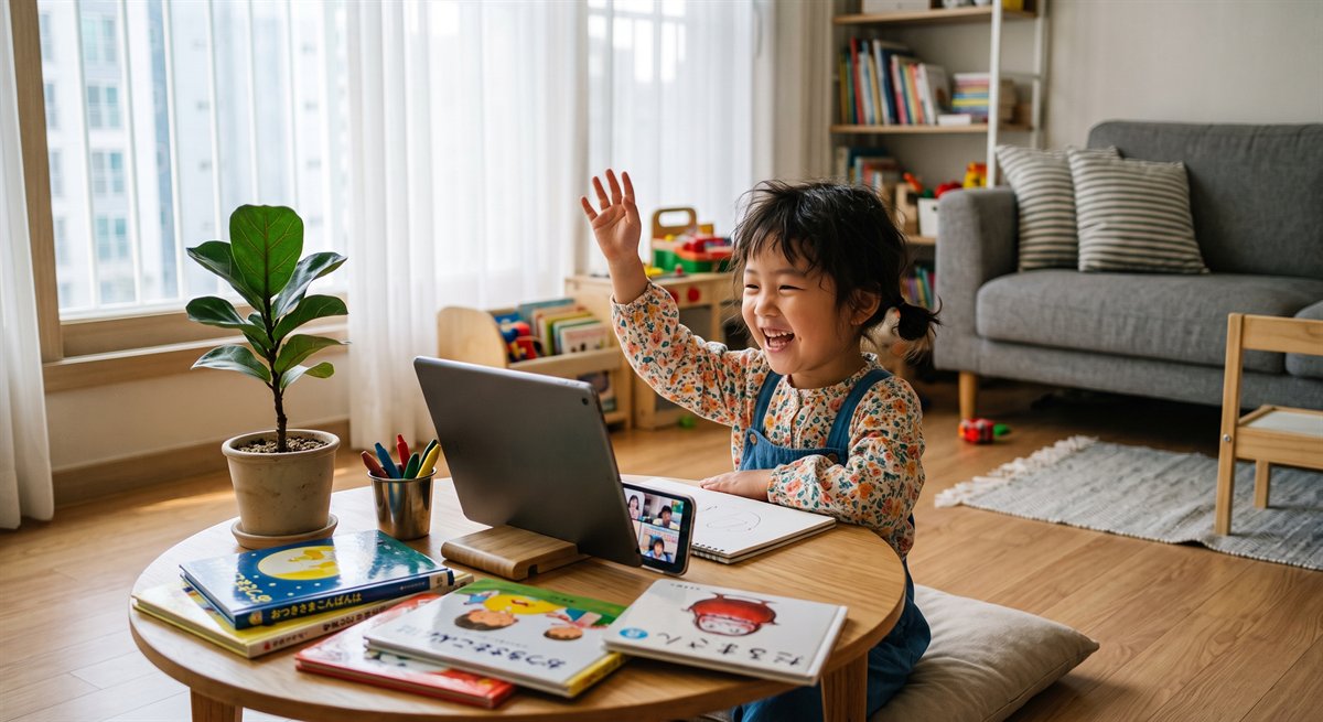 ソウルの明るい自宅リビングでタブレットのオンライン日本語グループレッスンに参加して笑う幼児