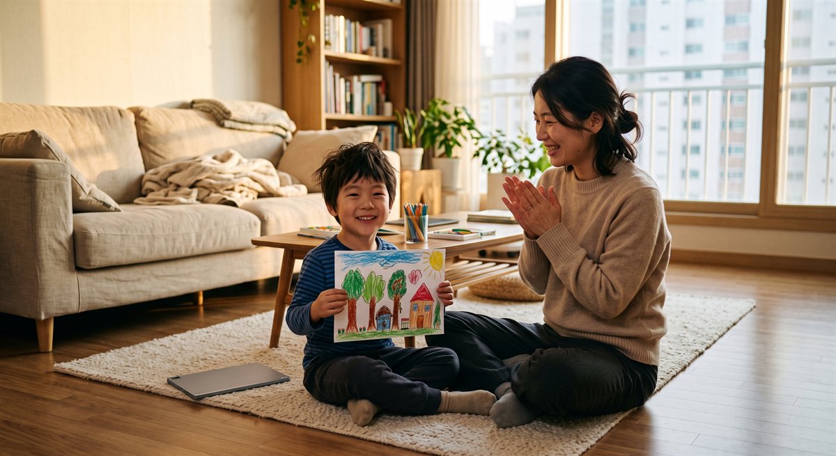 オンラインレッスンのあとに絵を見せて笑う幼児と、そばで拍手する保護者