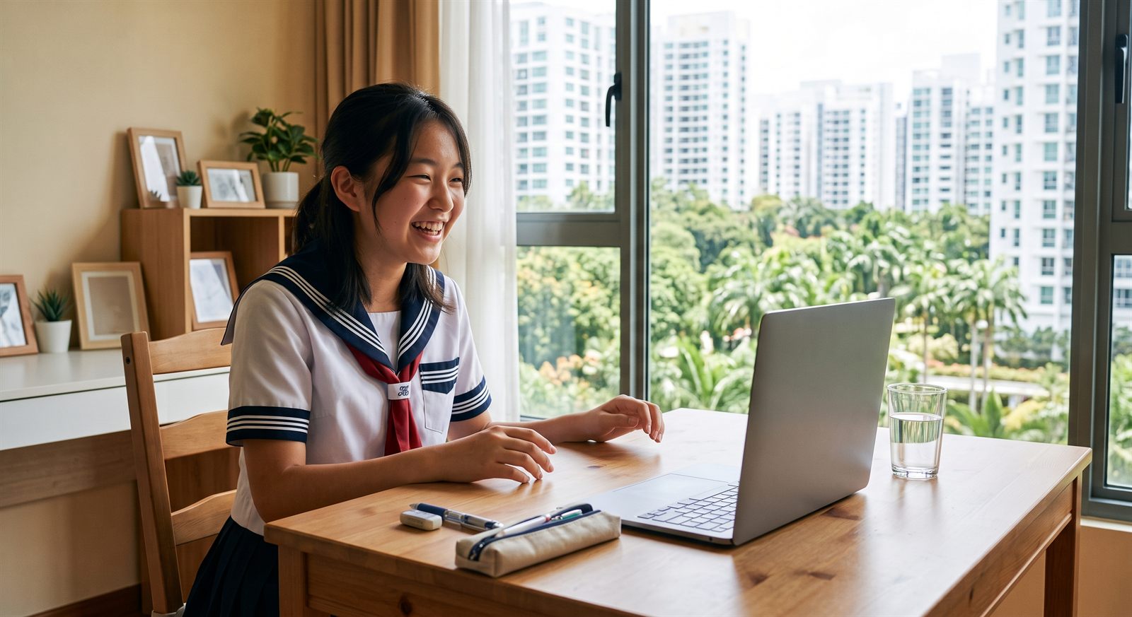 シンガポールの自宅リビングでノートパソコンのオンライン日本語グループレッスンに参加して笑う中学生