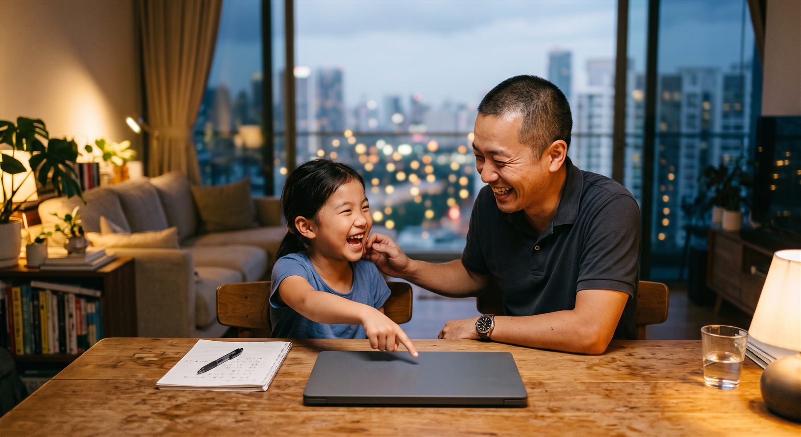 シンガポールの高層マンションで、夕方にオンライン日本語レッスンを終えた子どもと一緒に笑う保護者