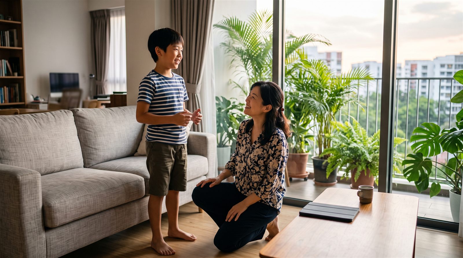 オンラインレッスンのあとに笑顔で話す子どもとそばで見守る保護者