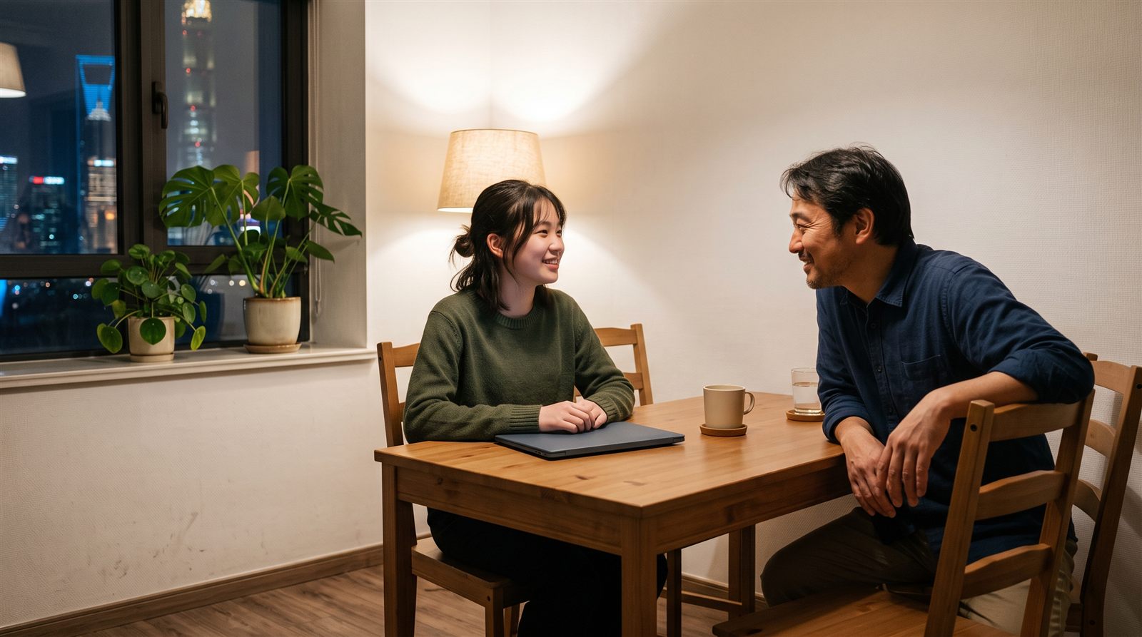 オンラインレッスンを終えて笑顔で振り返る子どもとそばで話を聞く保護者
