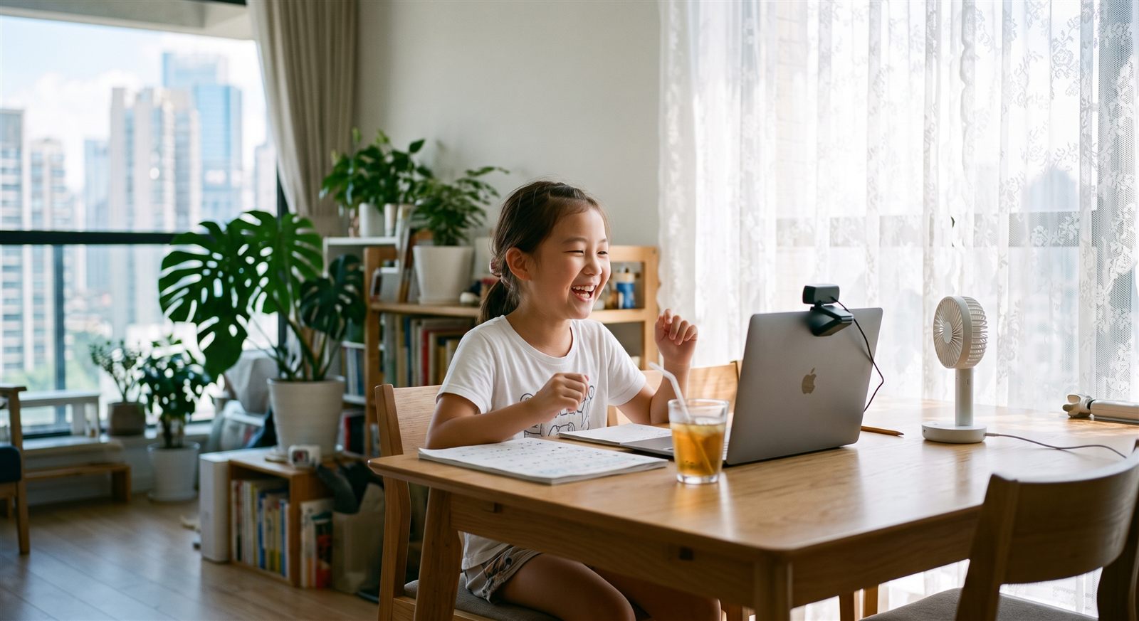 上海のマンションのリビングで、夏休みの午前にノートパソコンのオンライン日本語グループレッスンに参加して笑う小学生