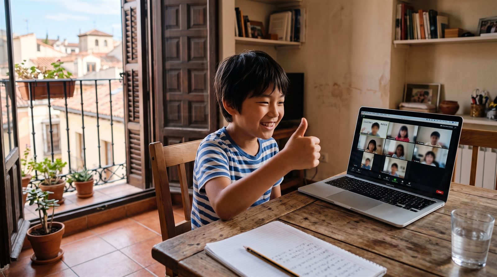 マドリードの自宅リビングでノートパソコンのオンライン日本語グループレッスンに参加して笑う小学生