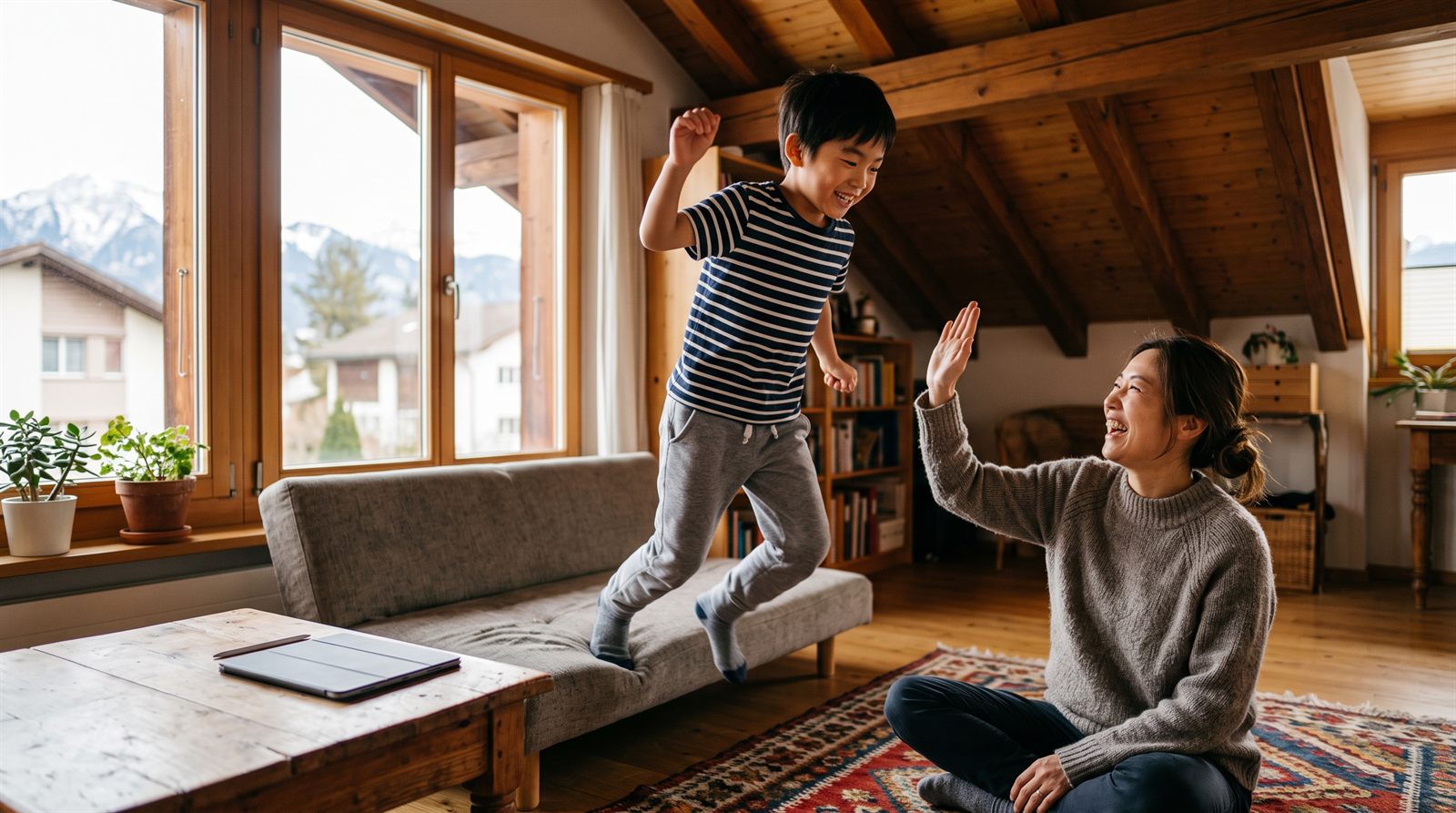 レッスンのあとに喜ぶ子どもとそばで微笑む保護者