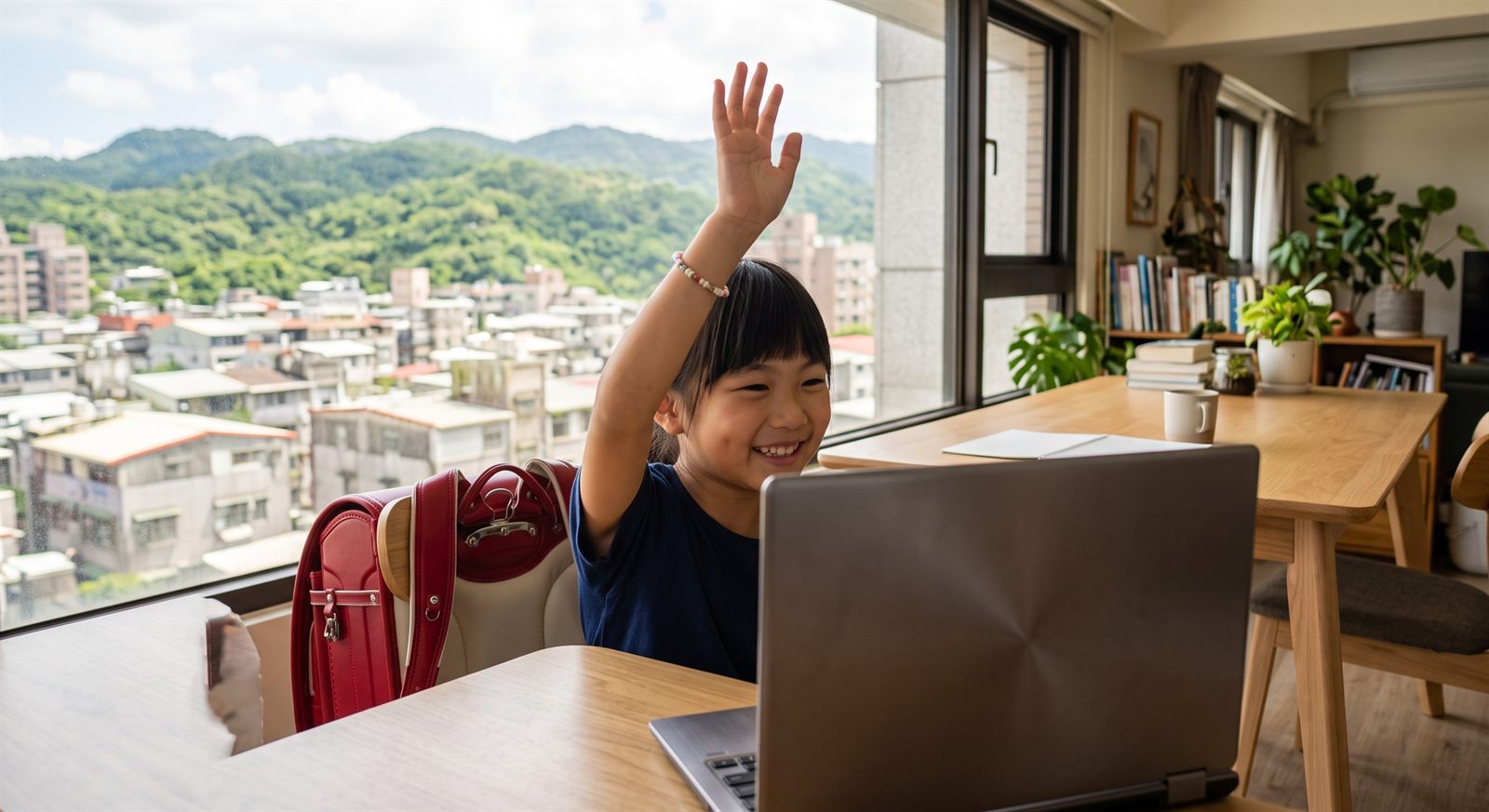 台北の自宅リビングでノートパソコンのオンライン日本語グループレッスンに参加して笑う小学生