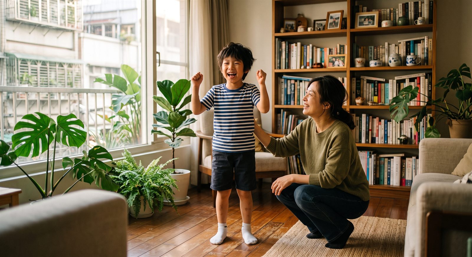 レッスンのあとに喜ぶ子どもとそばで微笑む保護者