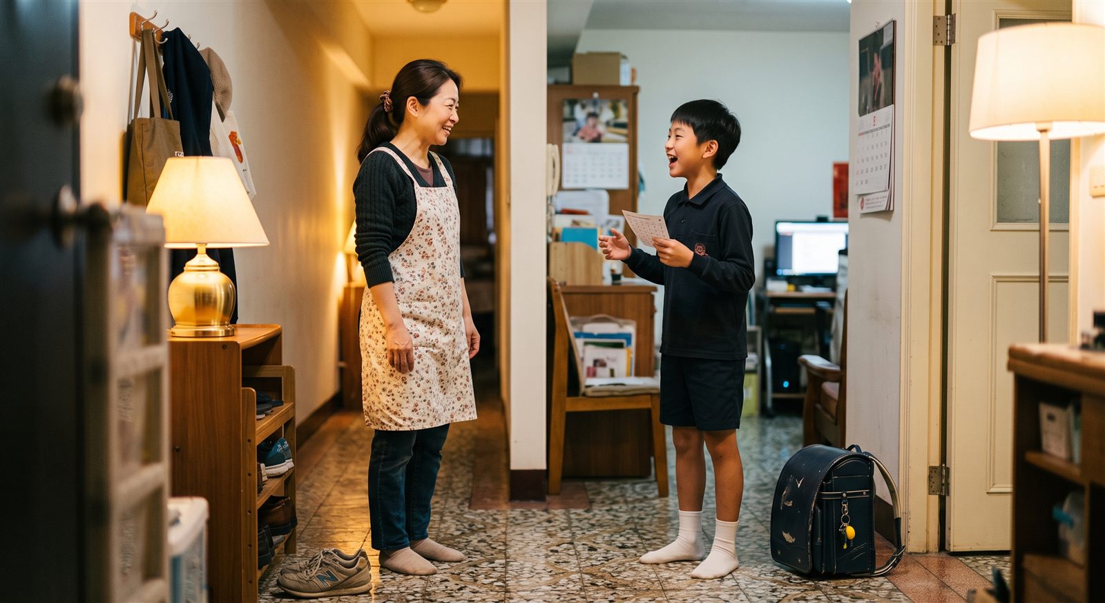 台北の自宅の玄関で、オンライン日本語レッスンを終えた子どもが保護者に向かって楽しそうに話している様子