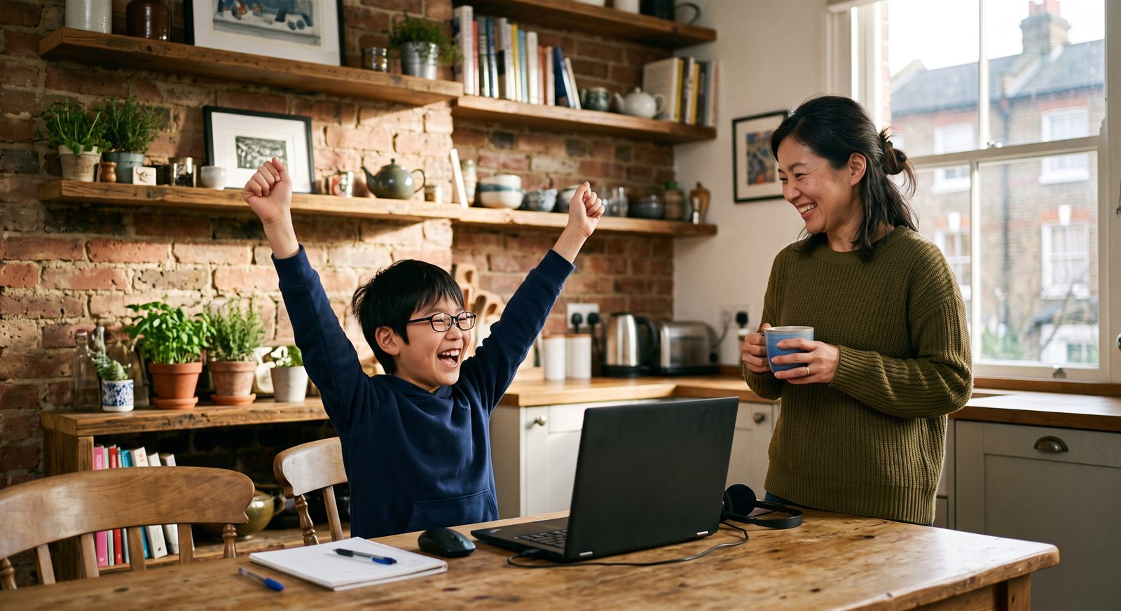 レッスンのあとに喜ぶ子どもとそばで微笑む保護者