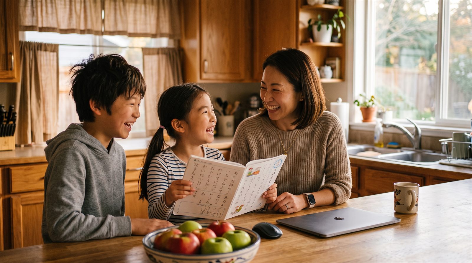 オンラインレッスンのあとにキッチンカウンターで笑顔で話す子どもと保護者