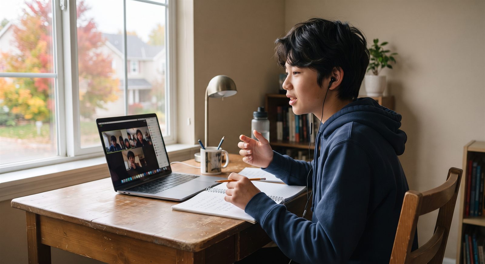 アメリカの自宅リビングでノートパソコンのオンライン日本語グループレッスンに参加する中学生