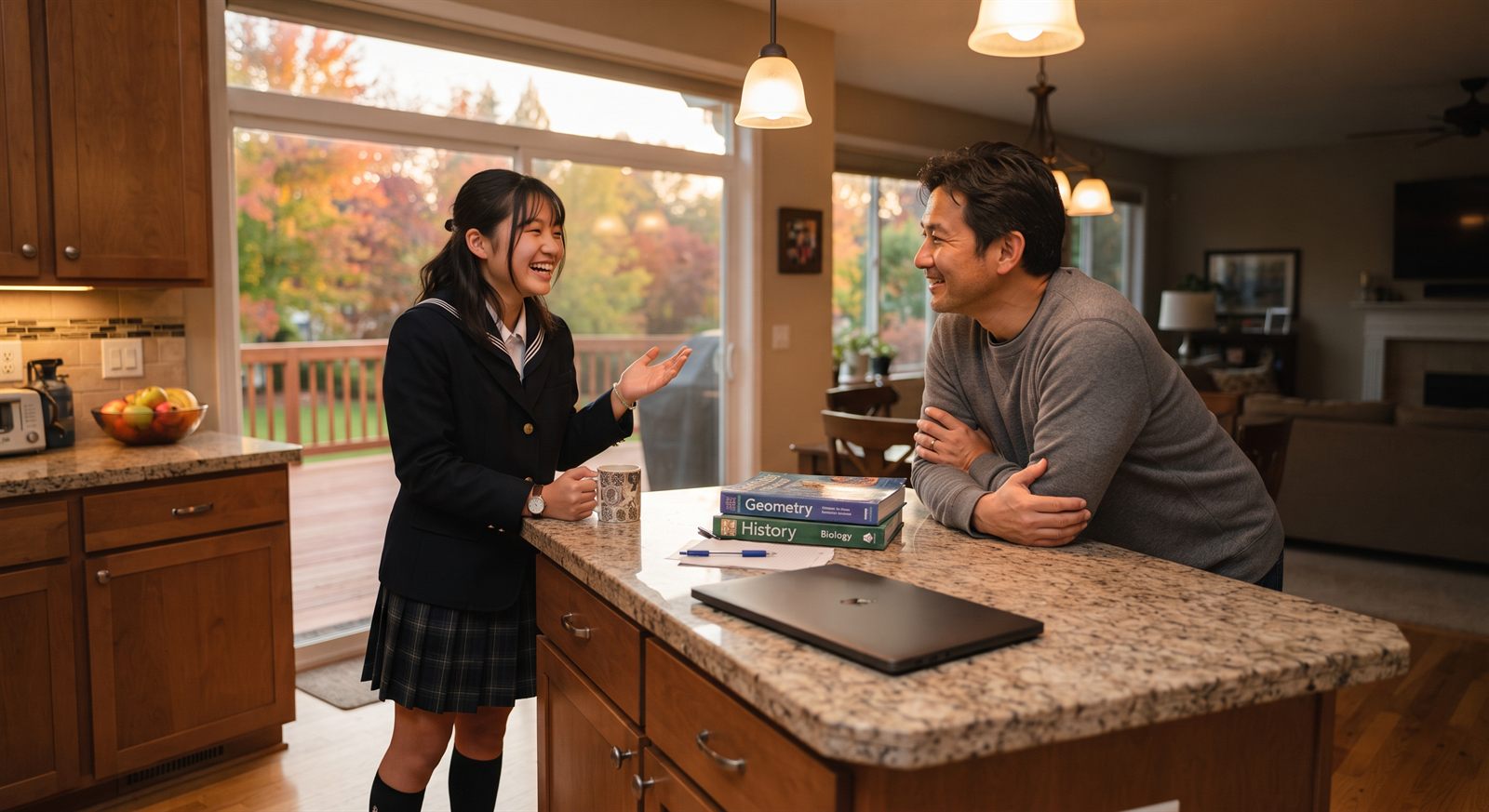 オンラインレッスンのあとにキッチンで笑顔で話す高校生と保護者
