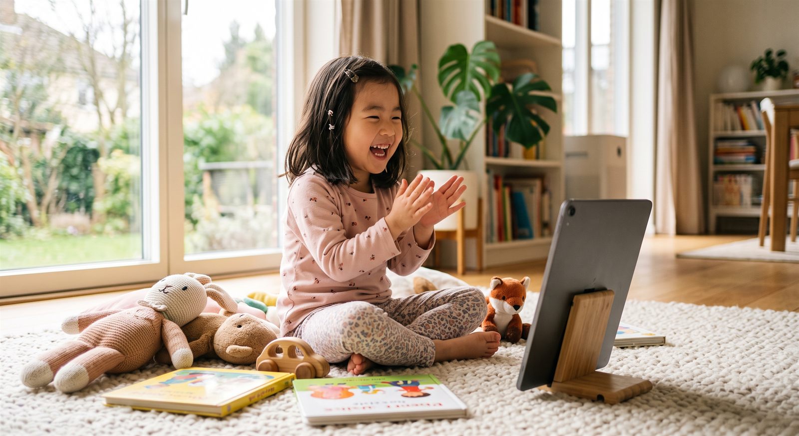海外の自宅リビングでタブレットのオンライン日本語グループレッスンに参加して笑う幼い子ども