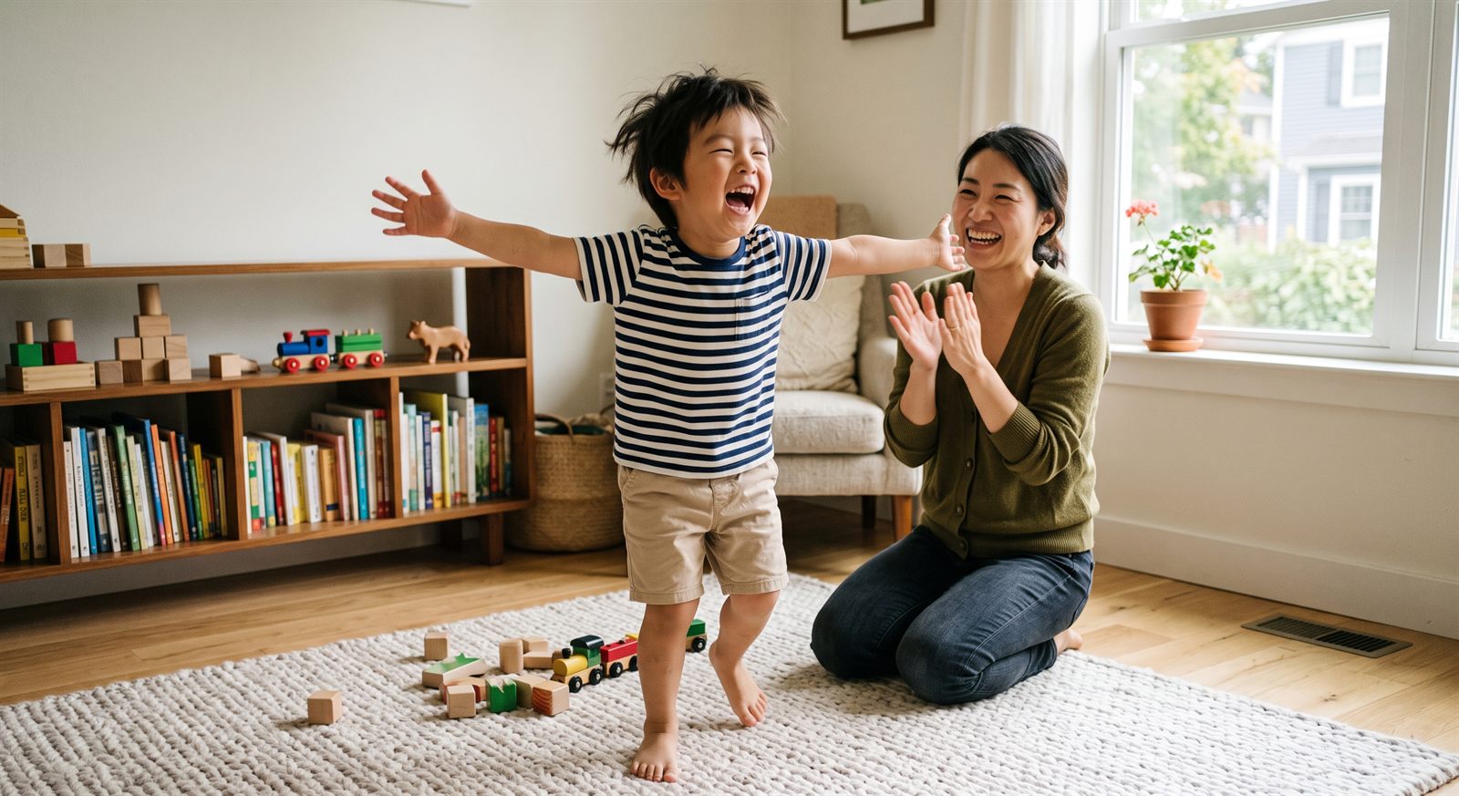 レッスンのあとに喜ぶ幼い子どもとそばで拍手する保護者