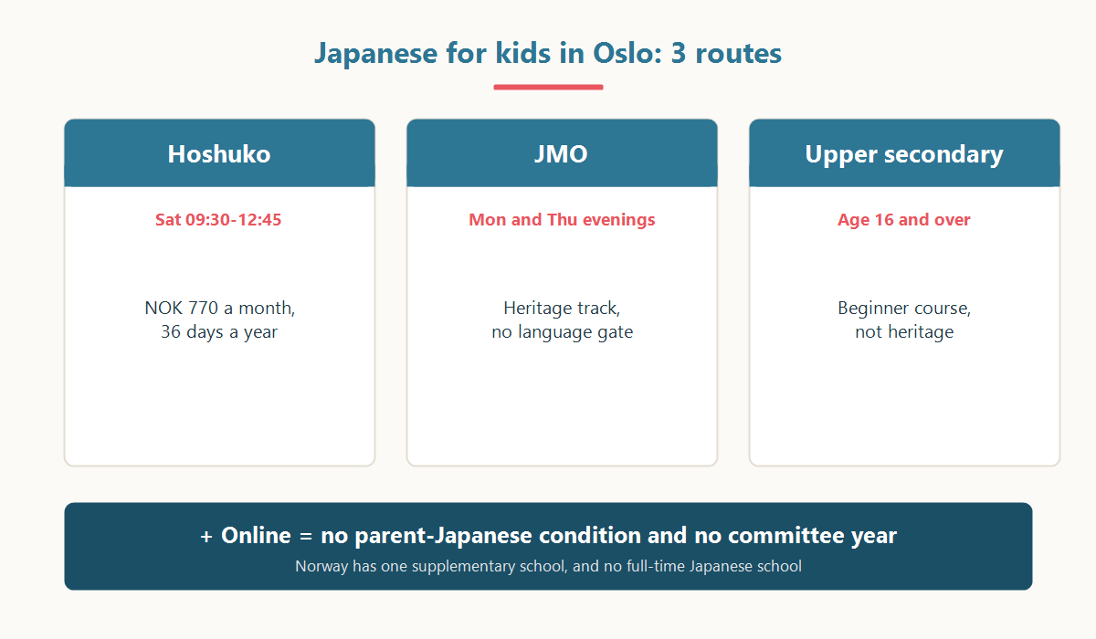 The three routes to Japanese for children in Oslo: Saturday supplementary school, private lessons and online school, compared