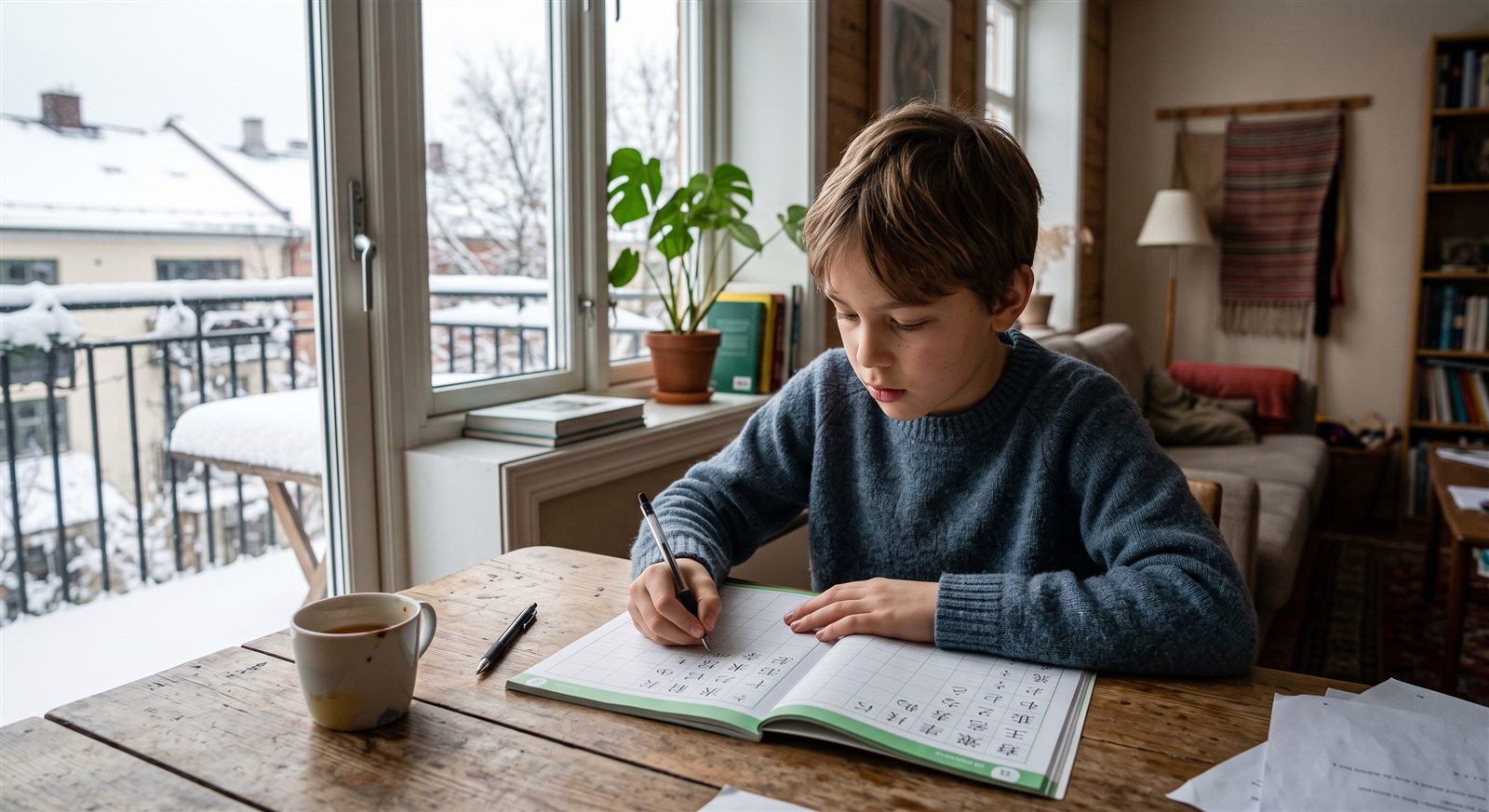 A child in Oslo working through a Japanese textbook at the kitchen table on a Saturday morning