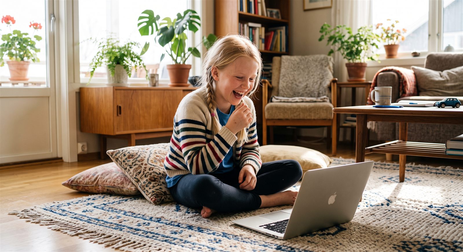 A child in Norway joining an online Japanese class with friends in Japan on a Sunday morning