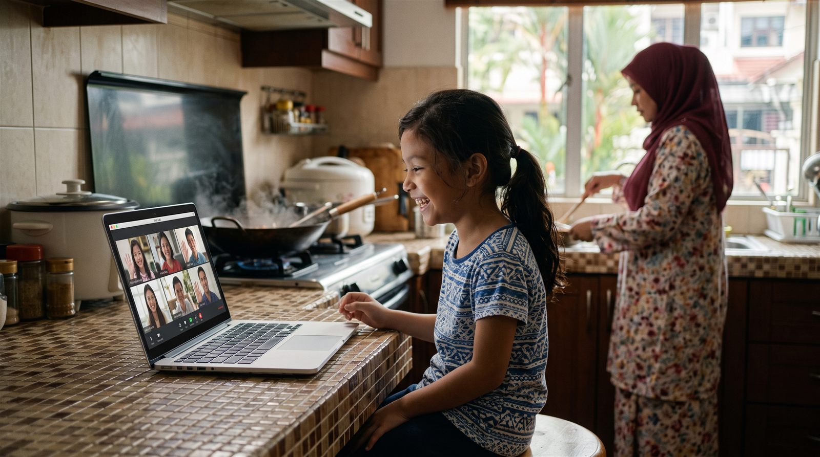 A child in Penang smiling during an online group video call with friends in Japan, early evening at home