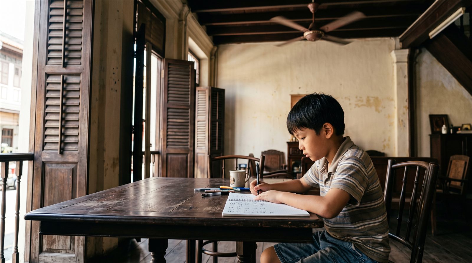 A child in Penang doing Japanese homework at a table by the window on a weekday evening