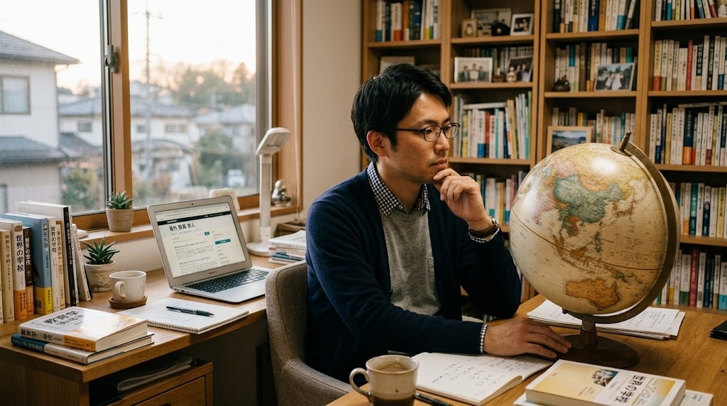 海外の日本人学校の教室で子どもたちに授業をする日本人教員