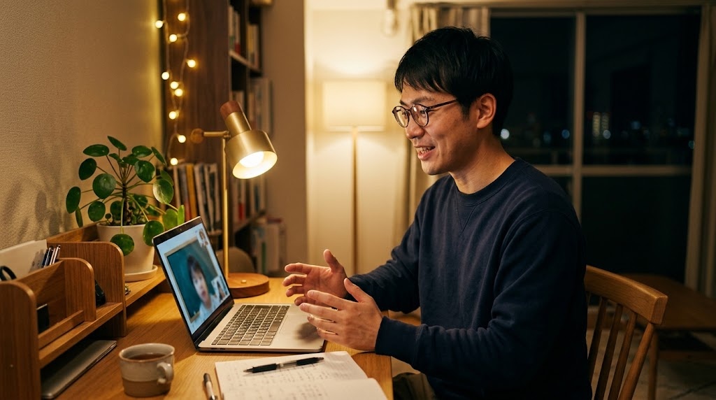 日本の自宅から海外に住む子どもたちへオンラインで日本語の授業をする先生