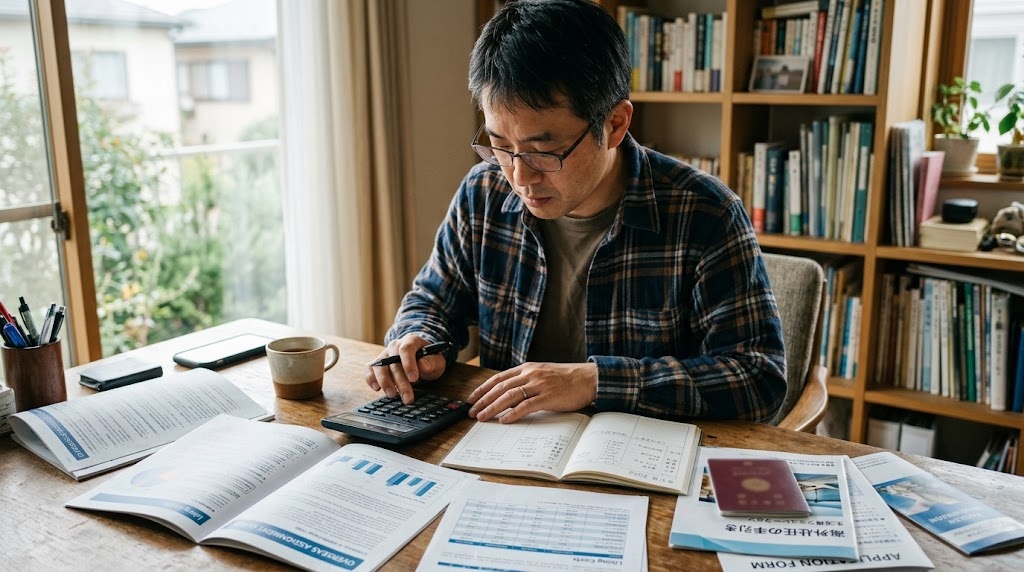 在外教育施設派遣の待遇と手当の資料を見比べながら家計を試算する日本の教員