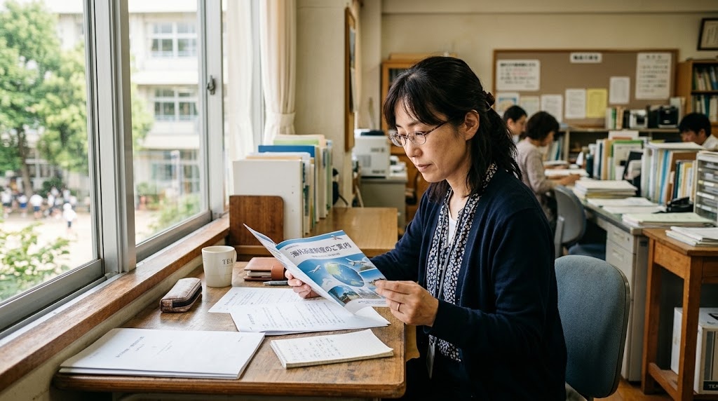 在外教育施設派遣制度の募集要項を読み込み、区分と応募要件を確認する日本の教員