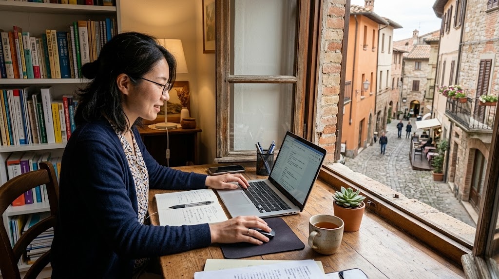 ドイツの日本人学校の教員募集をパソコンで調べる日本人教員