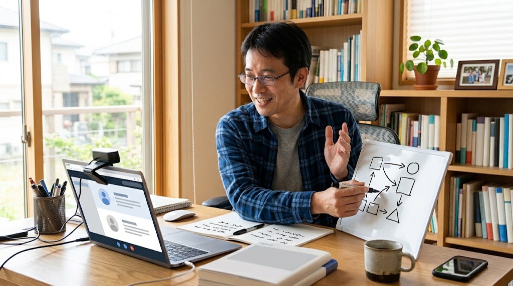 日本の自宅からタイに住む子どもたちへオンラインで授業をする教員