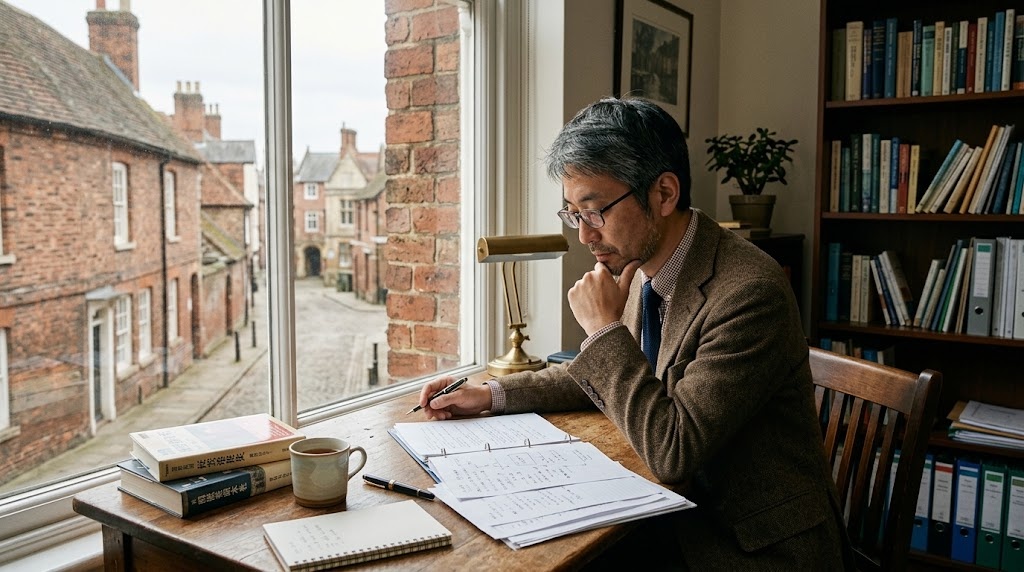イギリスの日本人学校の教員募集をパソコンで調べる日本人教員