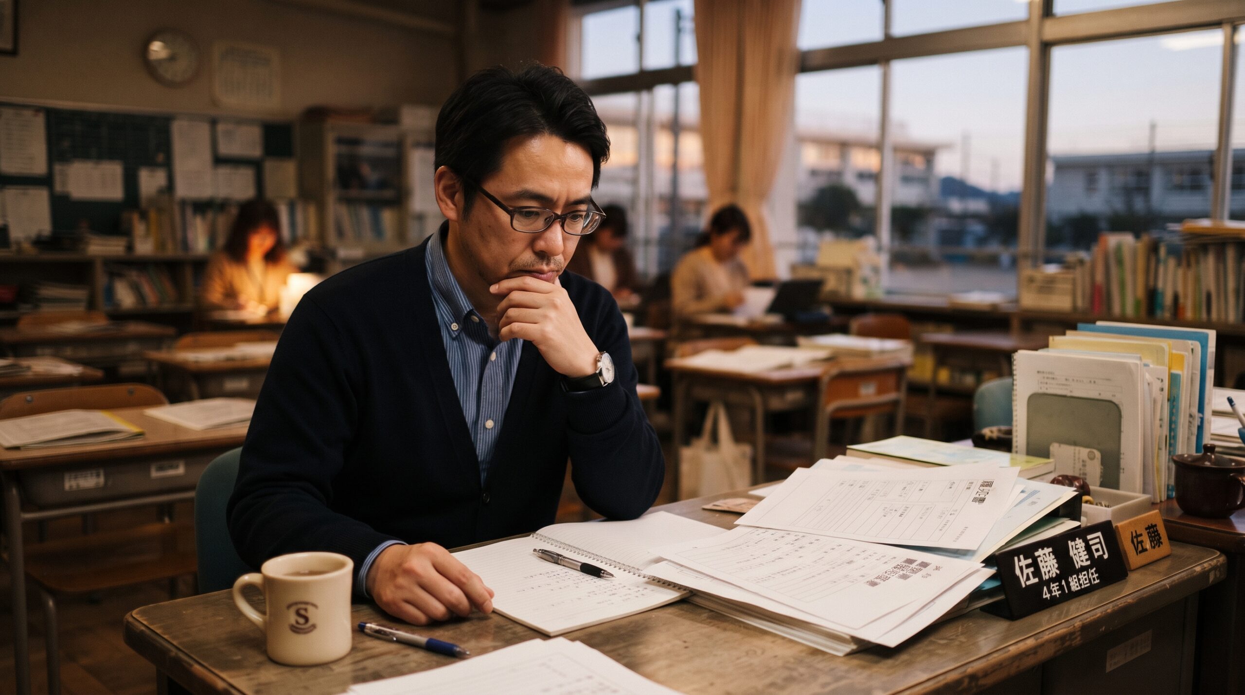 在外教育施設派遣の応募要項を読み込みながら選考の準備をする日本の教員