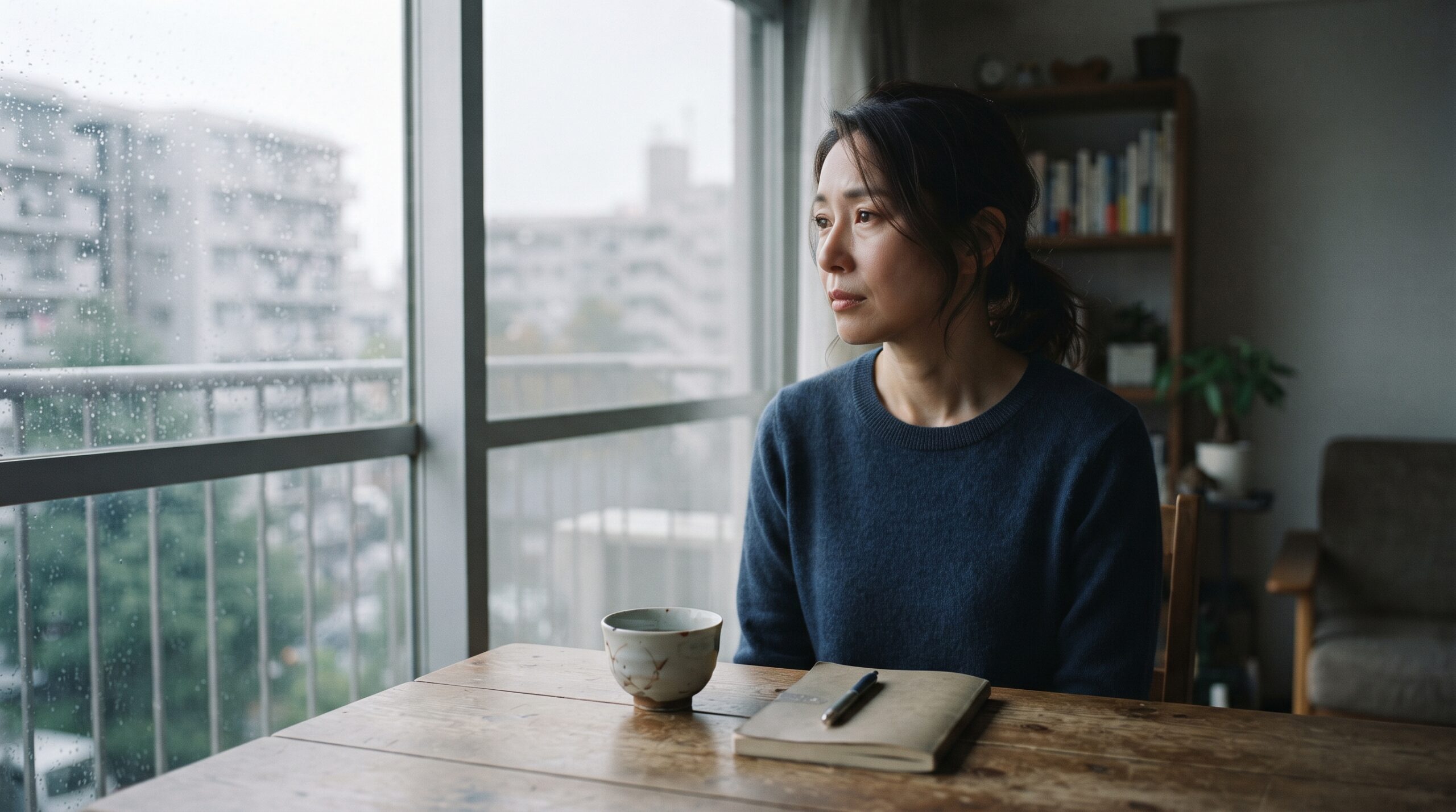 選考結果の通知を前に、机で静かに考え込む日本人教員